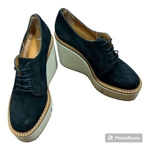 Clergerie Bravo Oxford Platform Wedge Suede Black Sz 39.5/ US 9